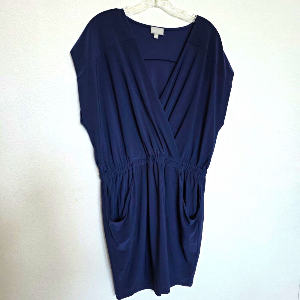 Label by Rachel Roy Navy V Neck Cap Sleeve Knee Dress Cover Up Pockets Stretch L